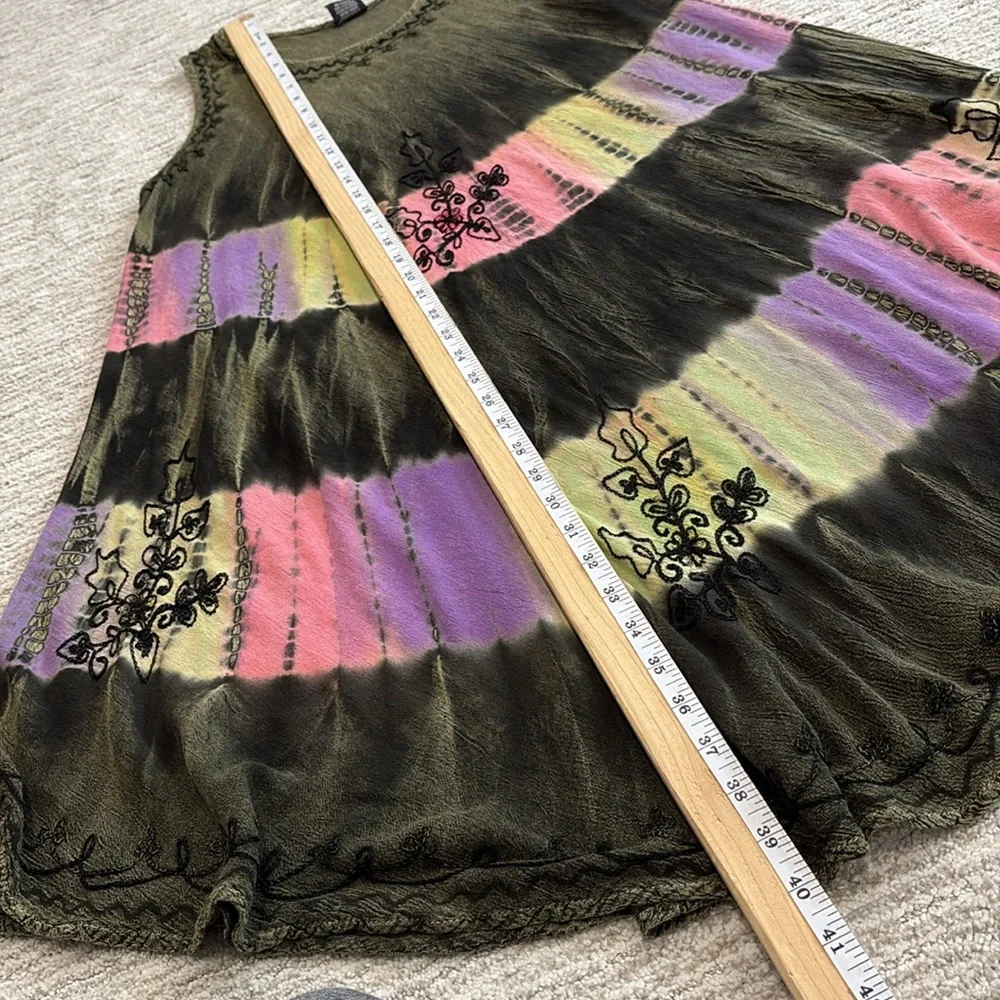 Fashion Force Embroidered Tie Dye Midi Tank Dress Free Size Rainbow Stripe Y2K